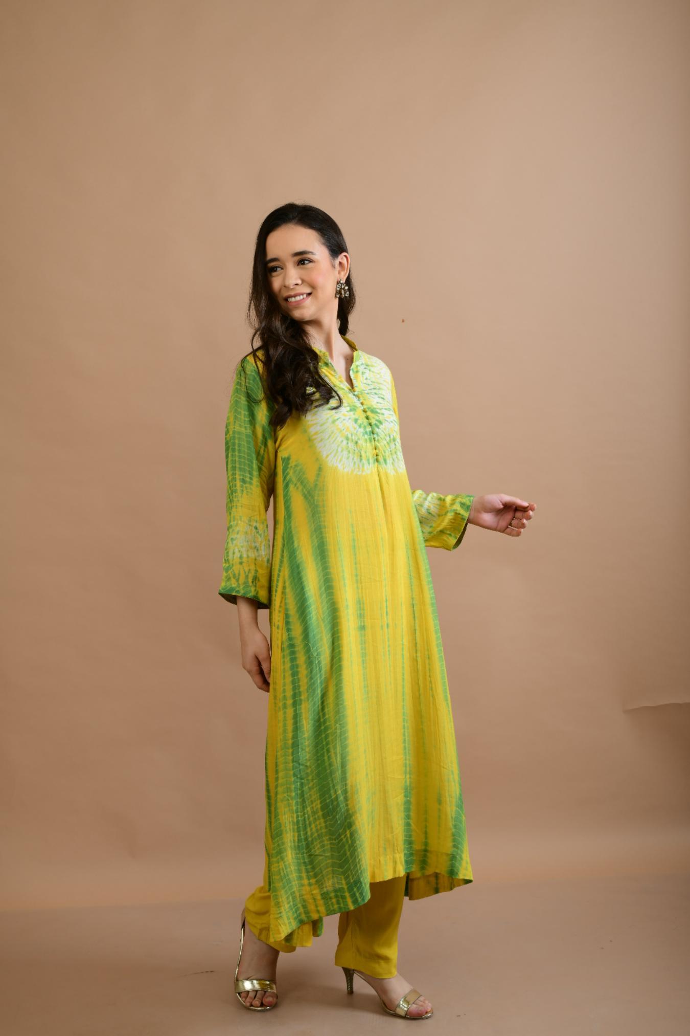 YELLOW GREEN SHIBORI YOKE AND TIE DYE KURTA SET OF 3