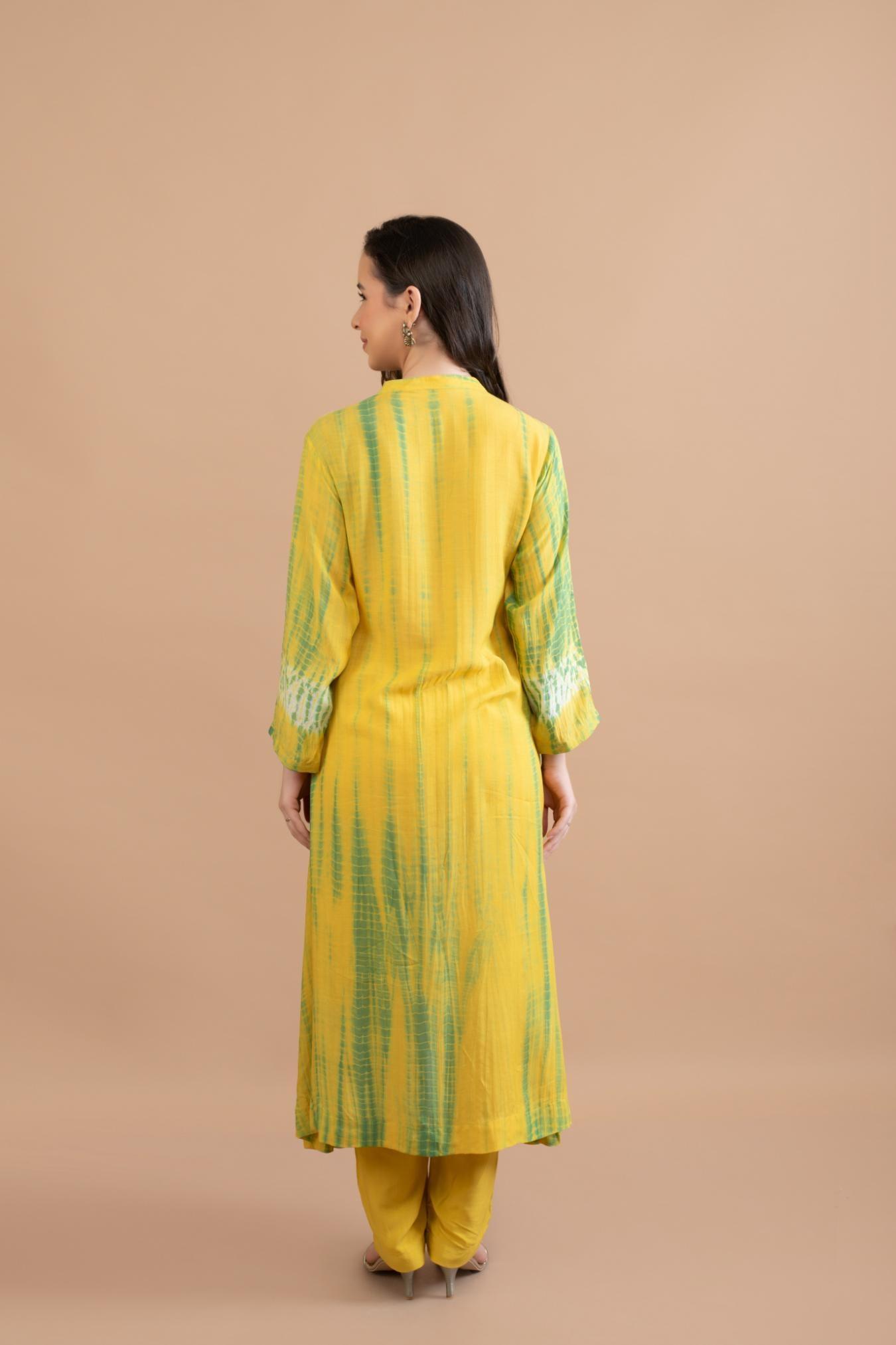 YELLOW GREEN SHIBORI YOKE AND TIE DYE KURTA SET OF 3