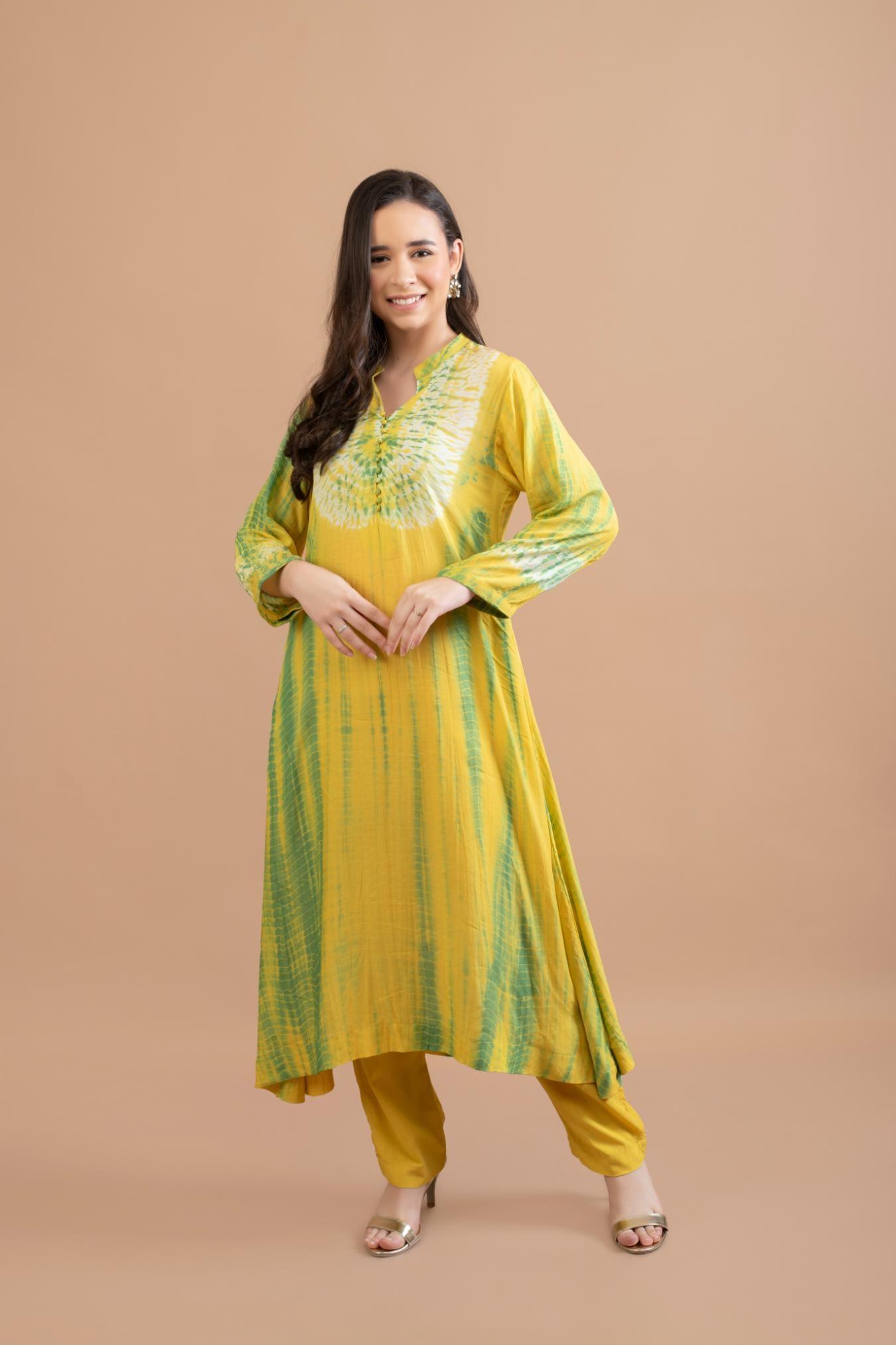 YELLOW GREEN SHIBORI YOKE AND TIE DYE KURTA SET OF 3