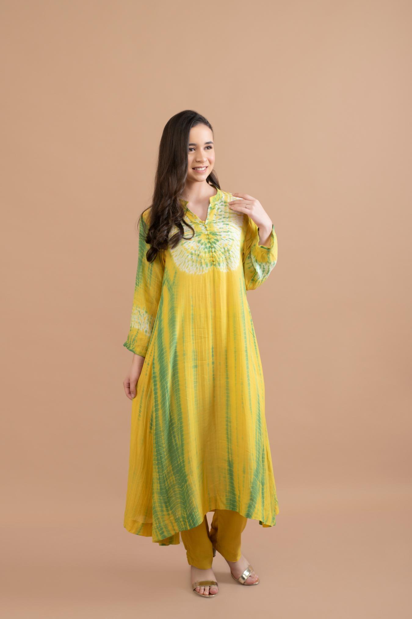 YELLOW GREEN SHIBORI YOKE AND TIE DYE KURTA SET OF 3