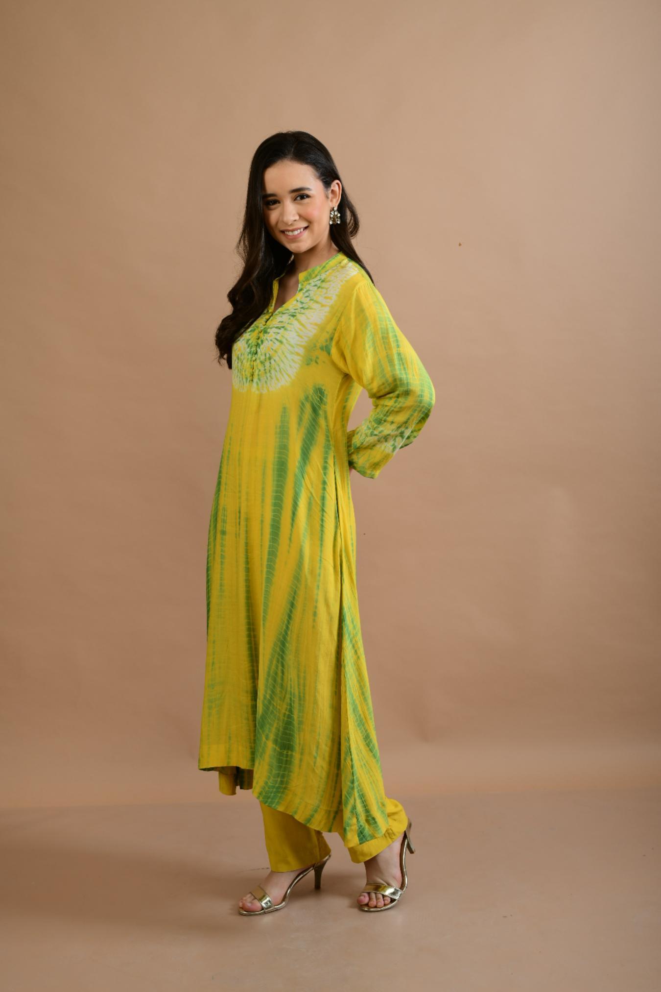 YELLOW GREEN SHIBORI YOKE AND TIE DYE KURTA SET OF 3