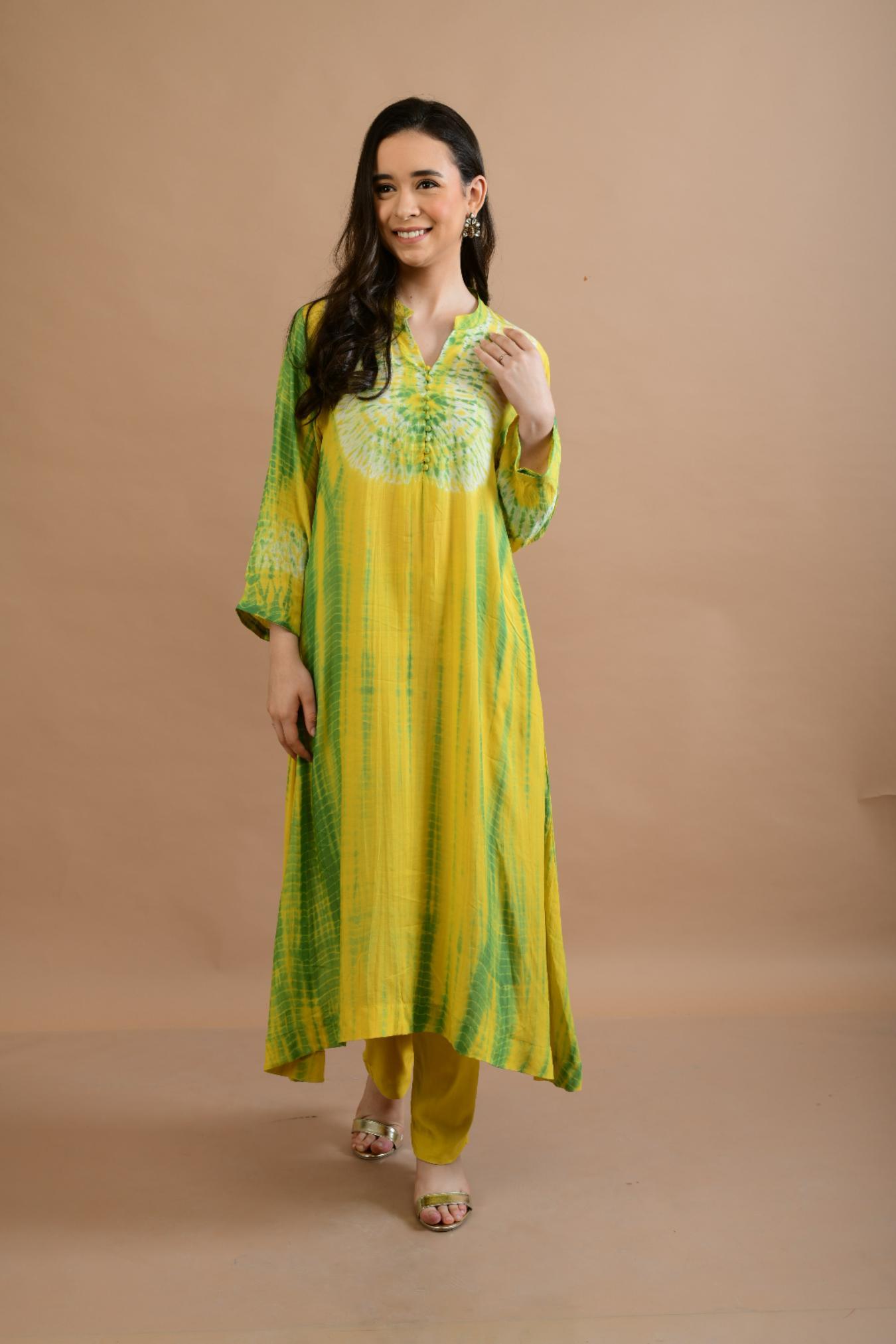 YELLOW GREEN SHIBORI YOKE AND TIE DYE KURTA SET OF 3