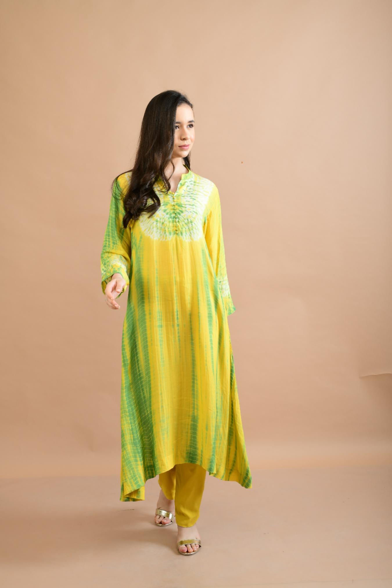 YELLOW GREEN SHIBORI YOKE AND TIE DYE KURTA SET OF 3