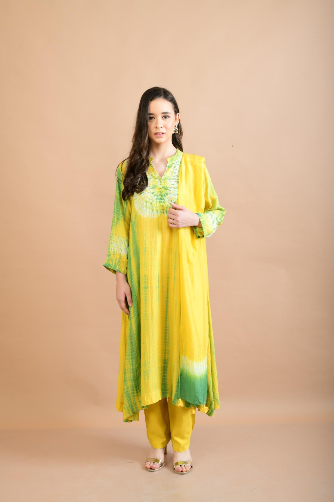 YELLOW GREEN SHIBORI YOKE AND TIE DYE KURTA SET OF 3