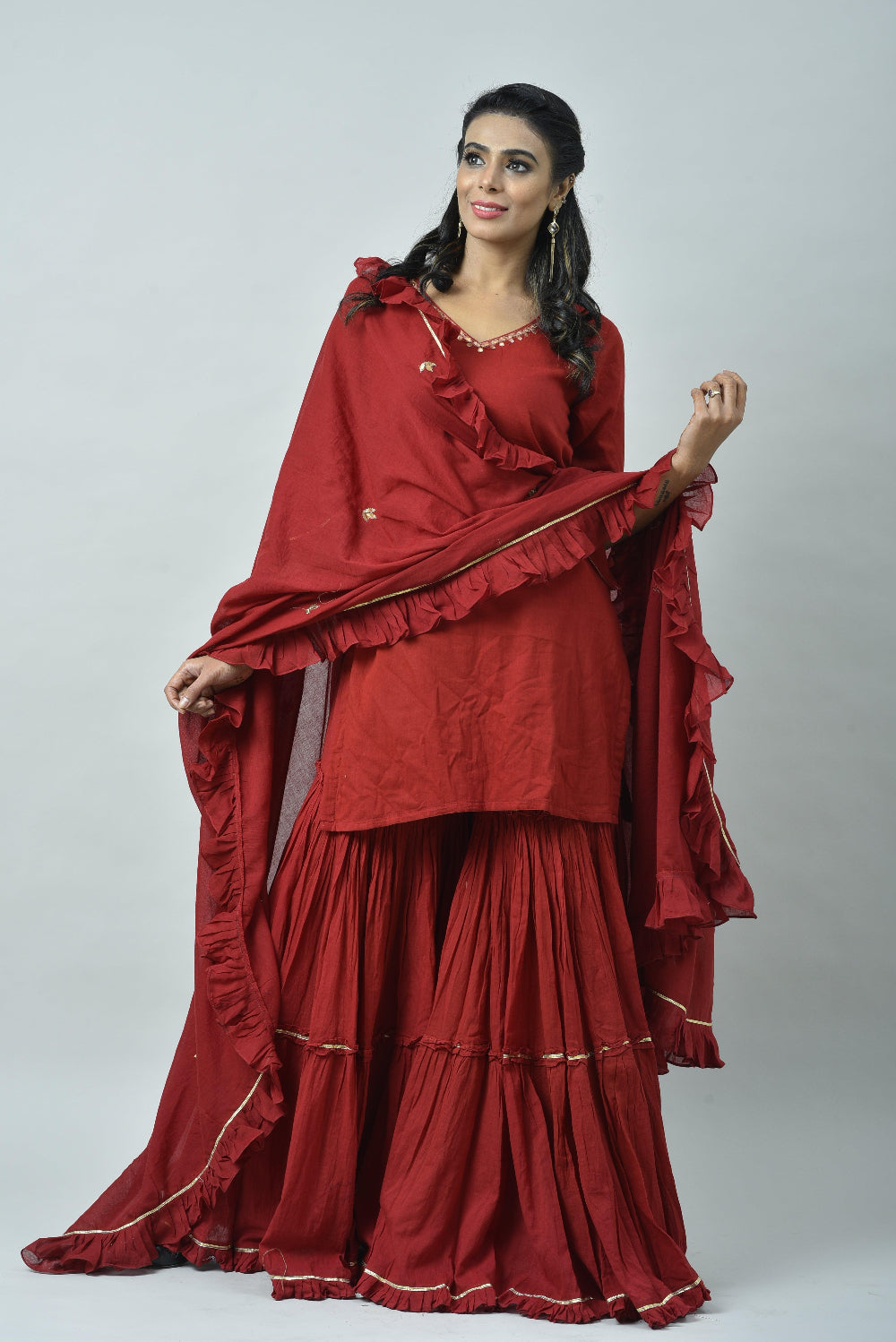 MAROON FRILL SHARARA SET OF 3
