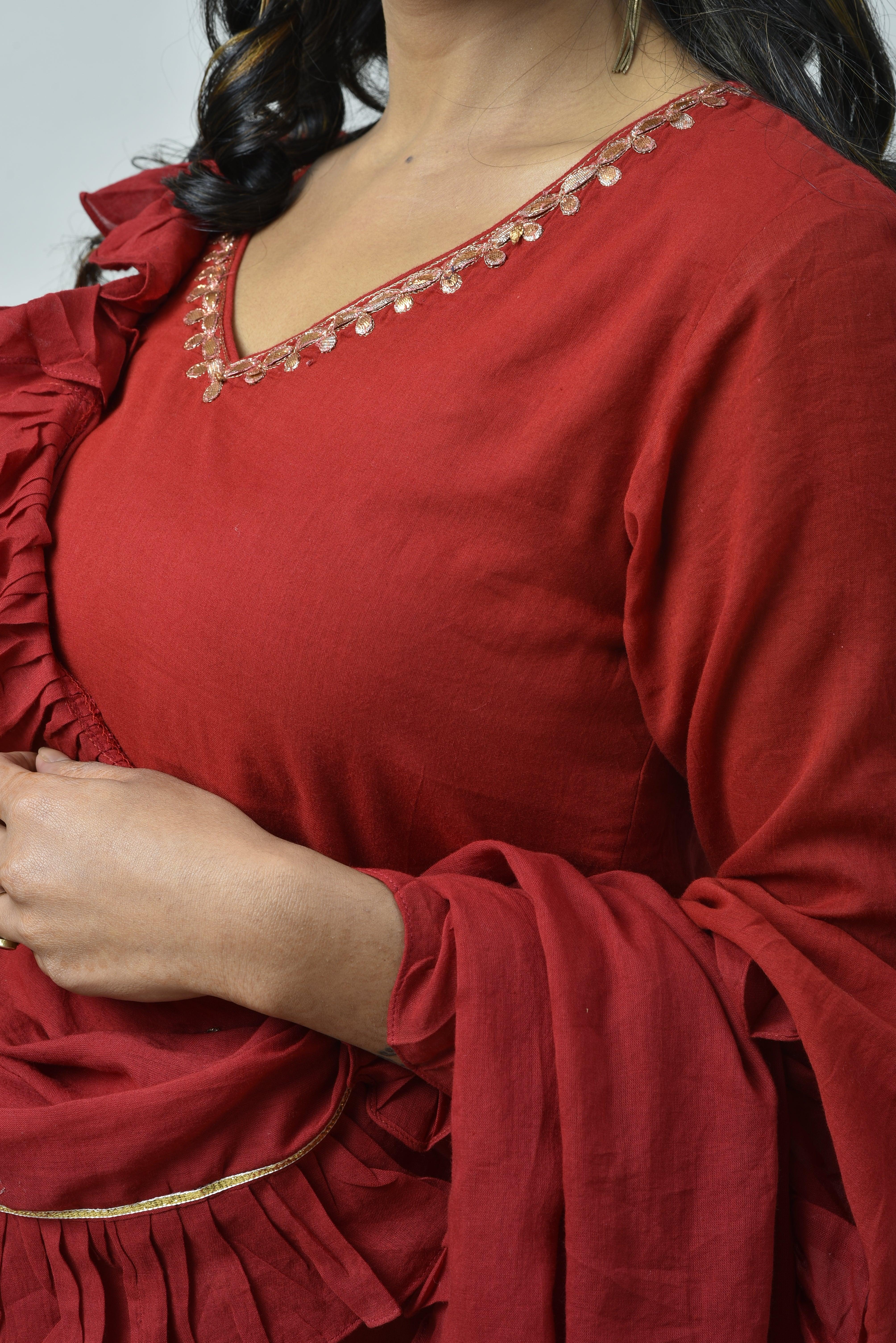 MAROON FRILL SHARARA SET OF 3