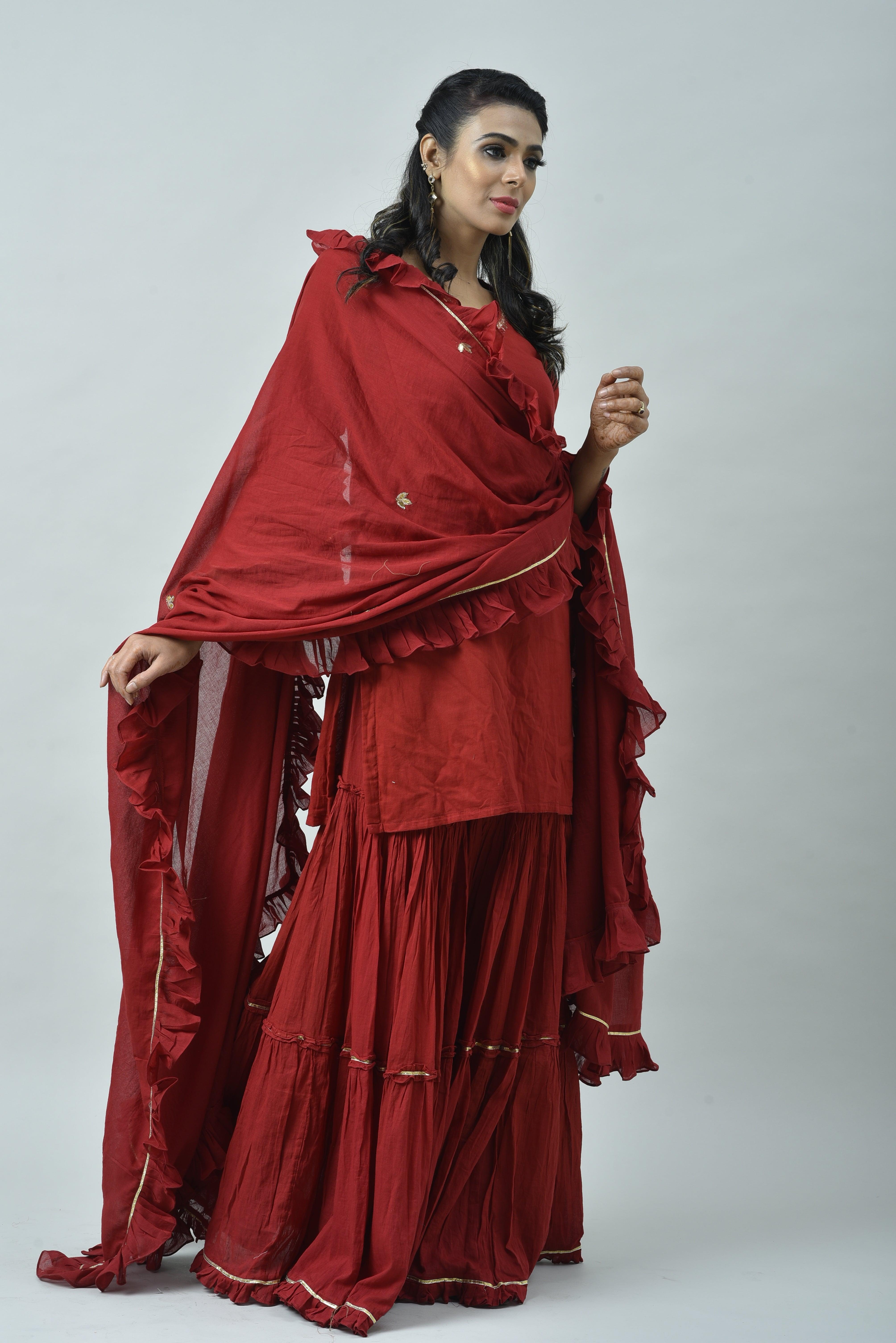 MAROON FRILL SHARARA SET OF 3