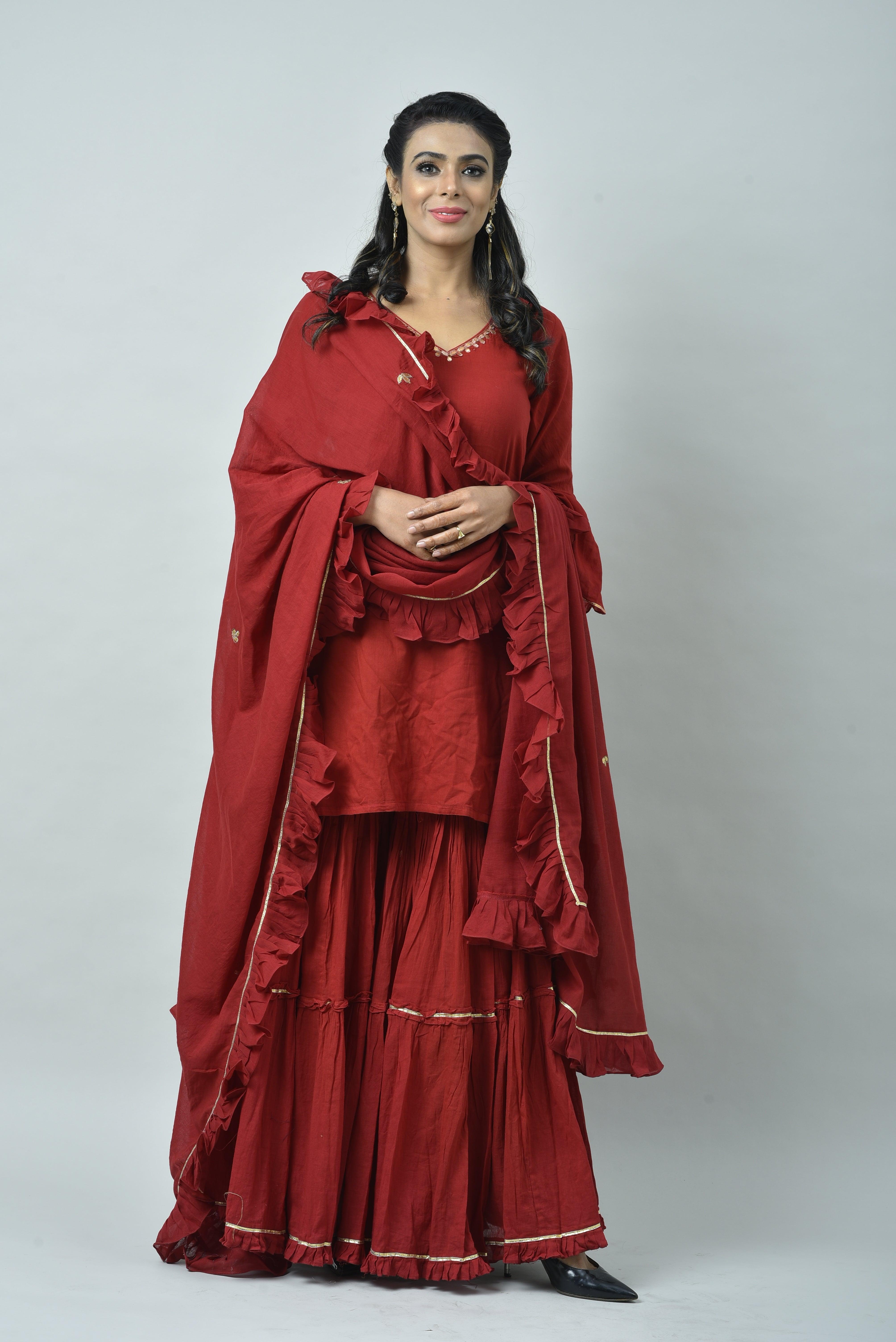MAROON FRILL SHARARA SET OF 3
