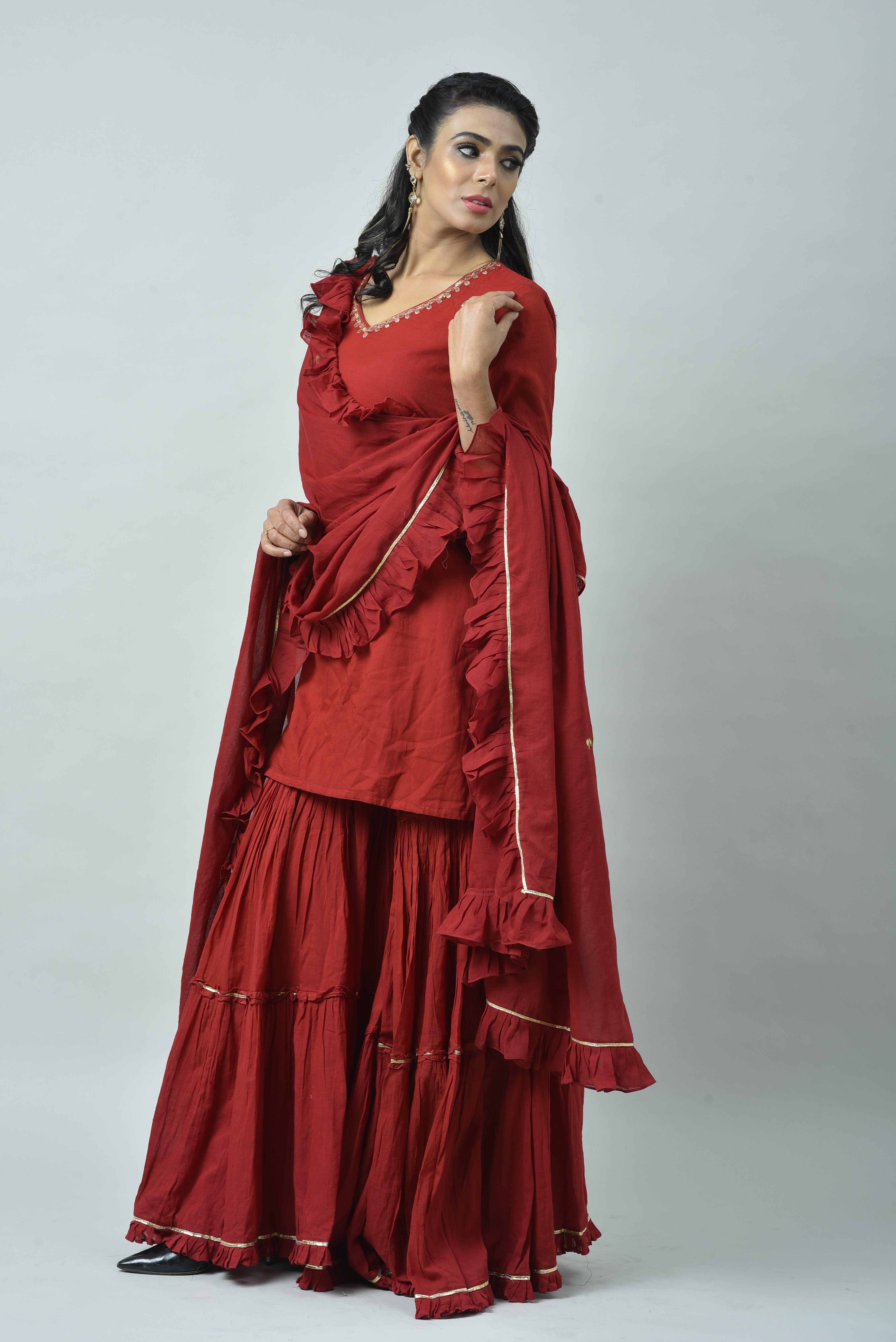 MAROON FRILL SHARARA SET OF 3