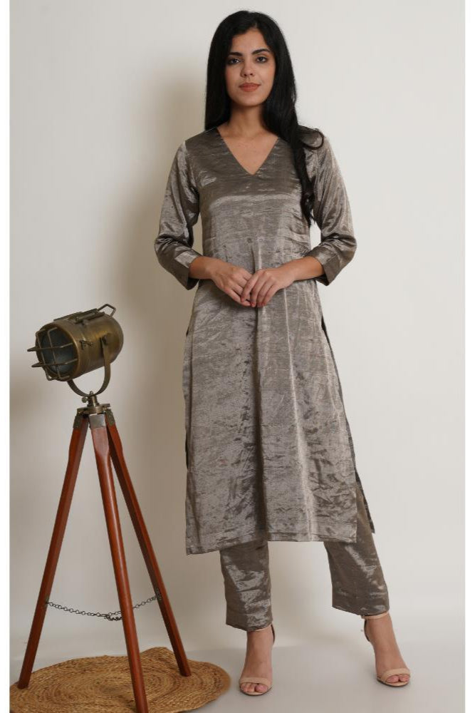 Gunmetal Chanderi Co-ord Kurta Set of 2