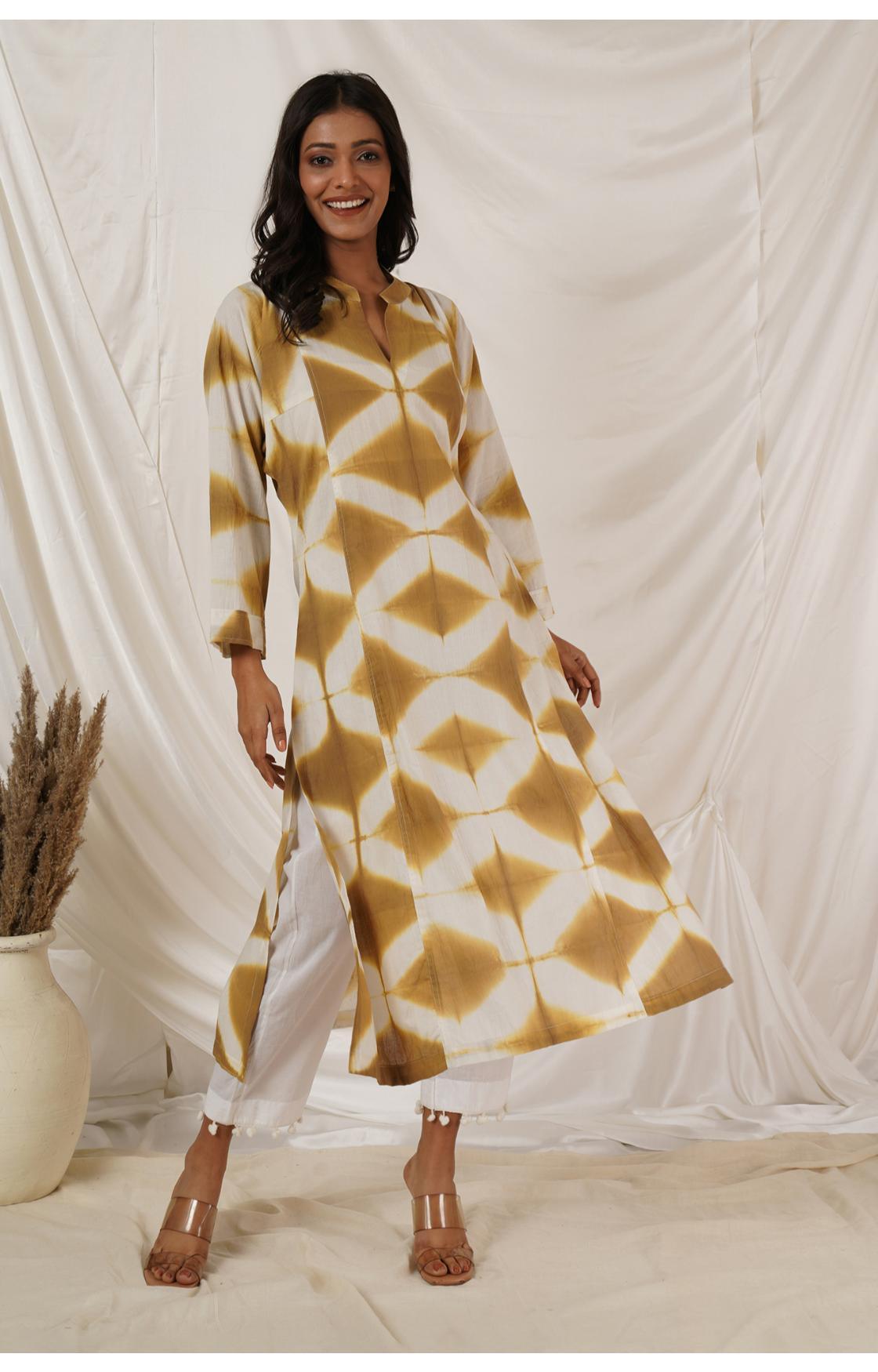 Beige White Clamp Dye Kurta