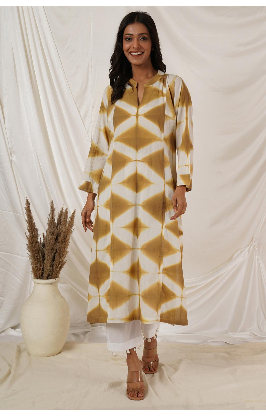 Beige White Clamp Dye Kurta