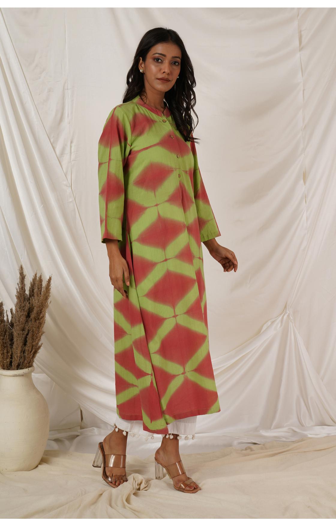 PEACH LIME GREEN CLAMP DYE KURTA