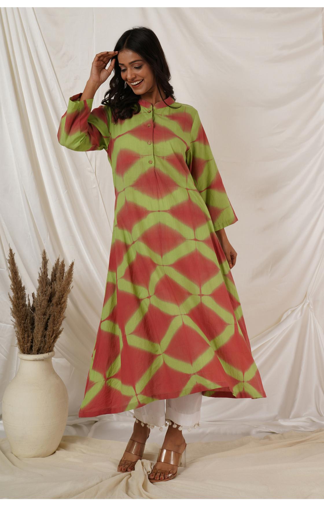 PEACH LIME GREEN CLAMP DYE KURTA