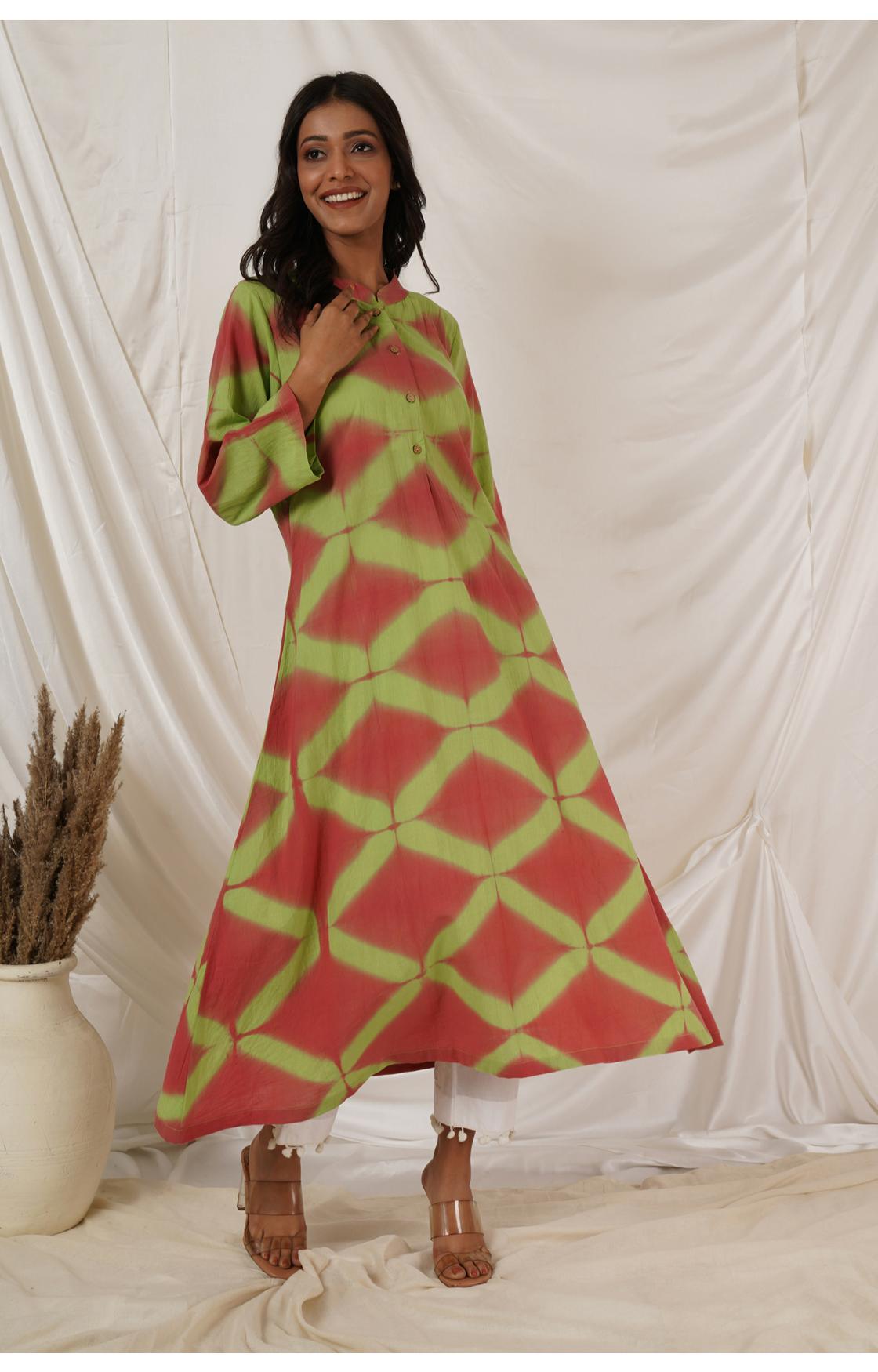 PEACH LIME GREEN CLAMP DYE KURTA