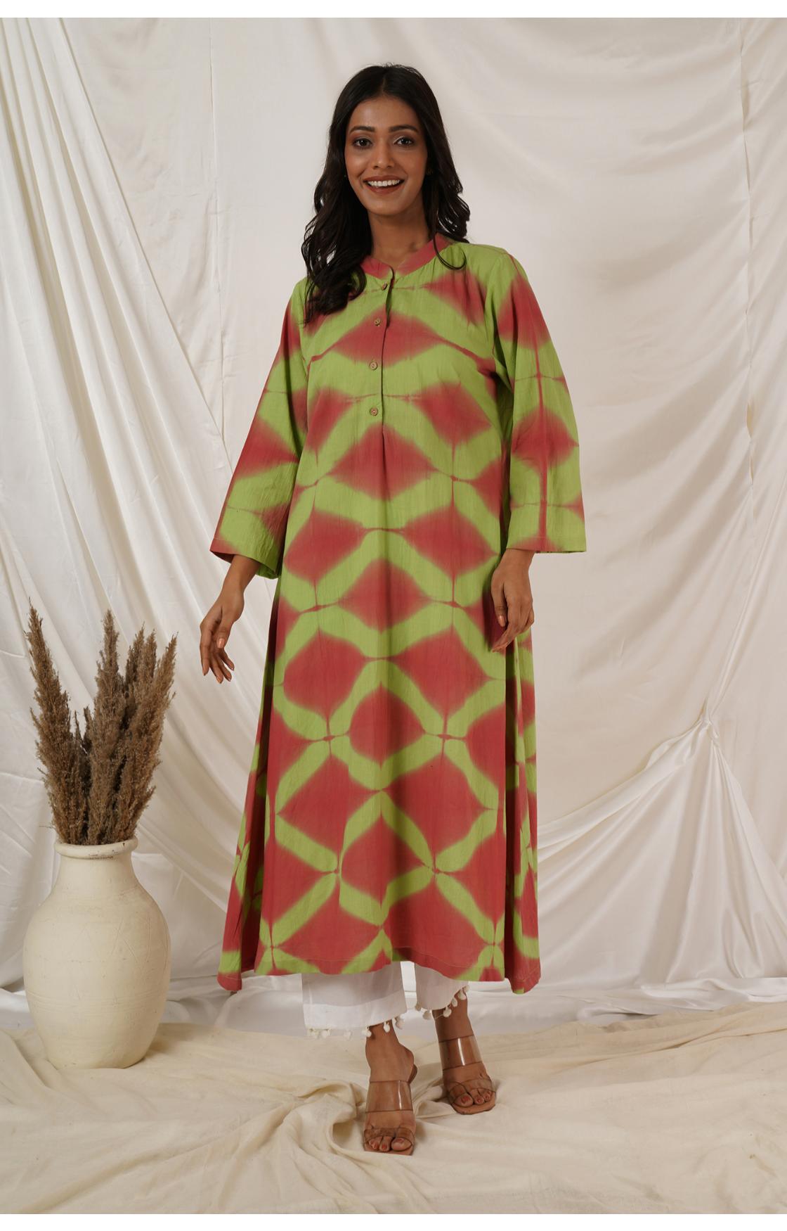 PEACH LIME GREEN CLAMP DYE KURTA