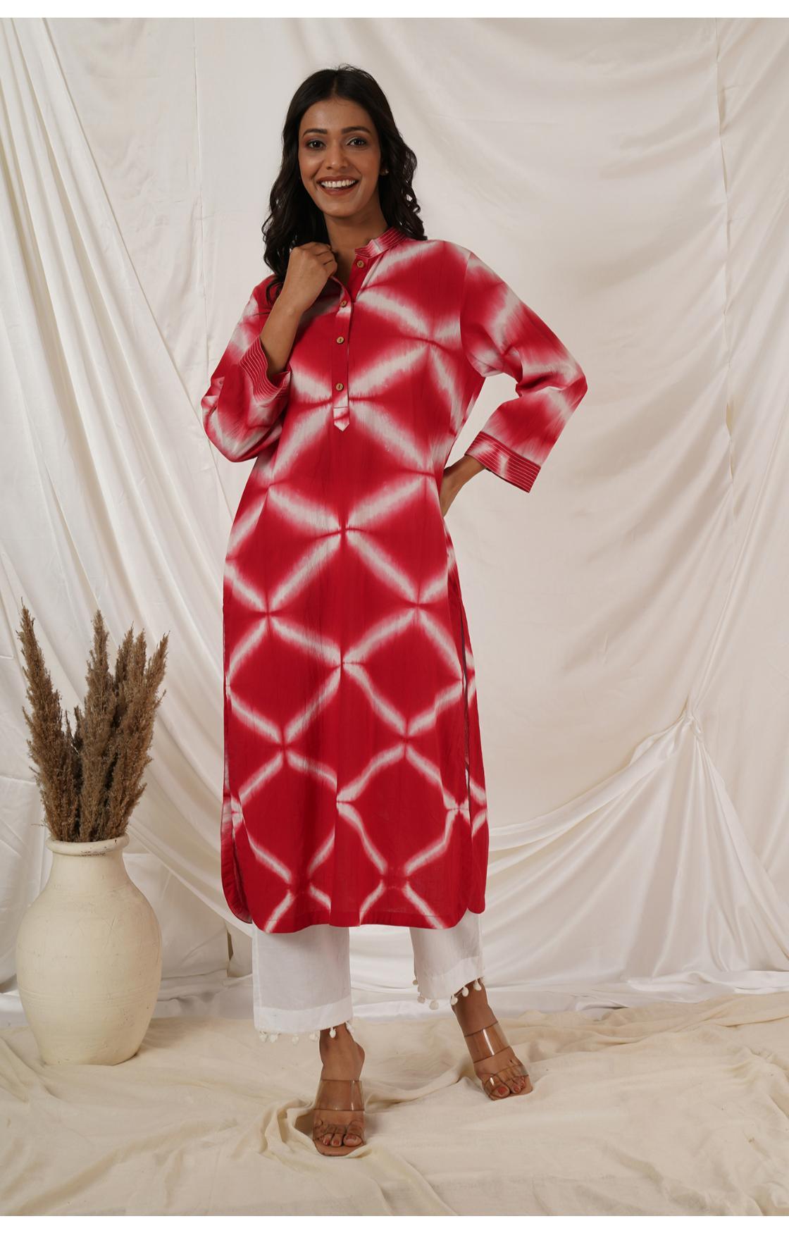 RED WHITE CLAMP DYE KURTA