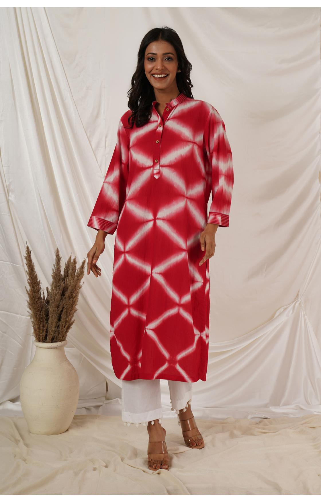 RED WHITE CLAMP DYE KURTA