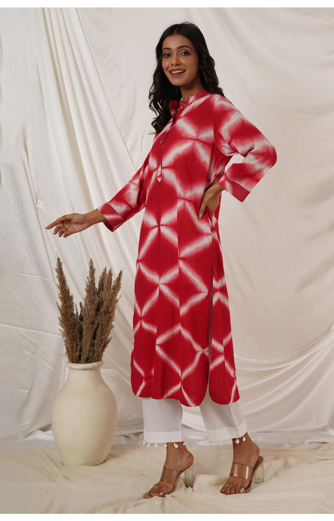 RED WHITE CLAMP DYE KURTA