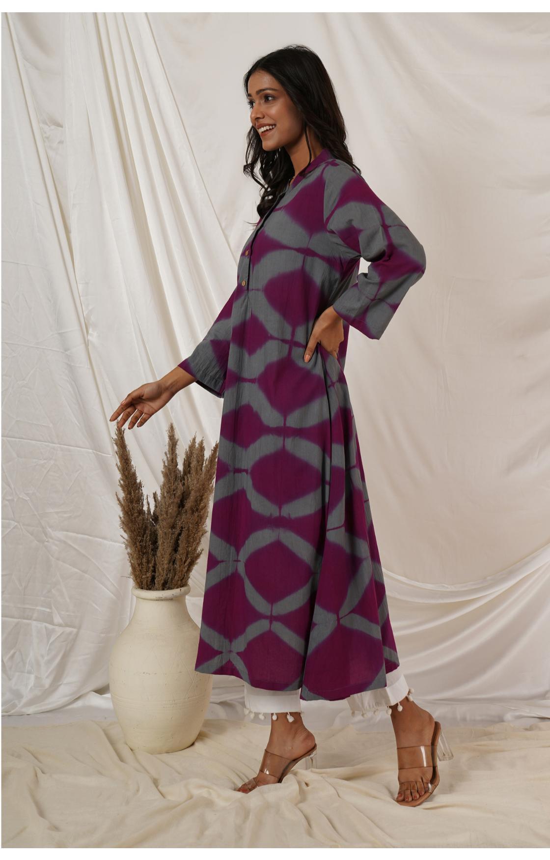 Grey Wine Clamp Tie Dye Kurta