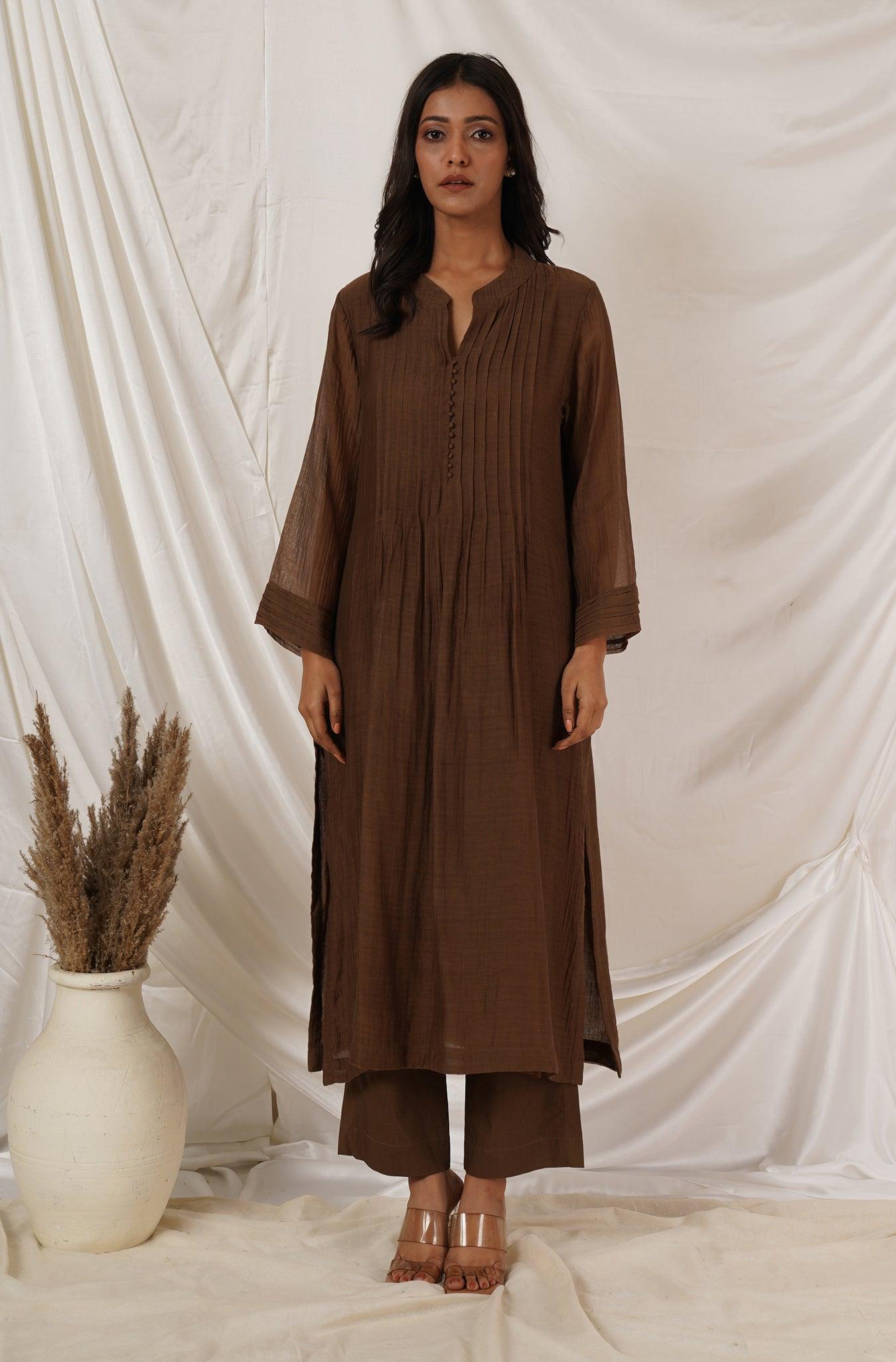 Brown Pintuck Tunic Co-ord Set Of 2