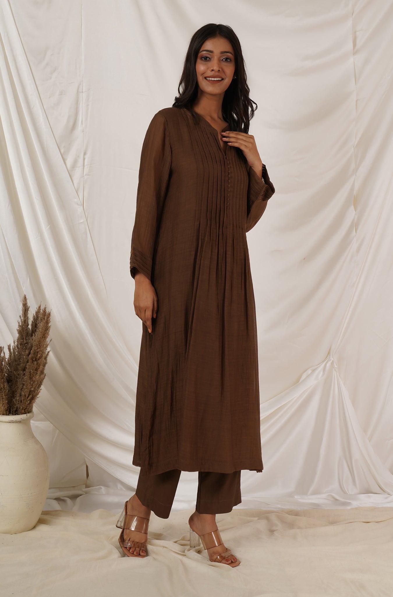Brown Pintuck Tunic Co-ord Set Of 2