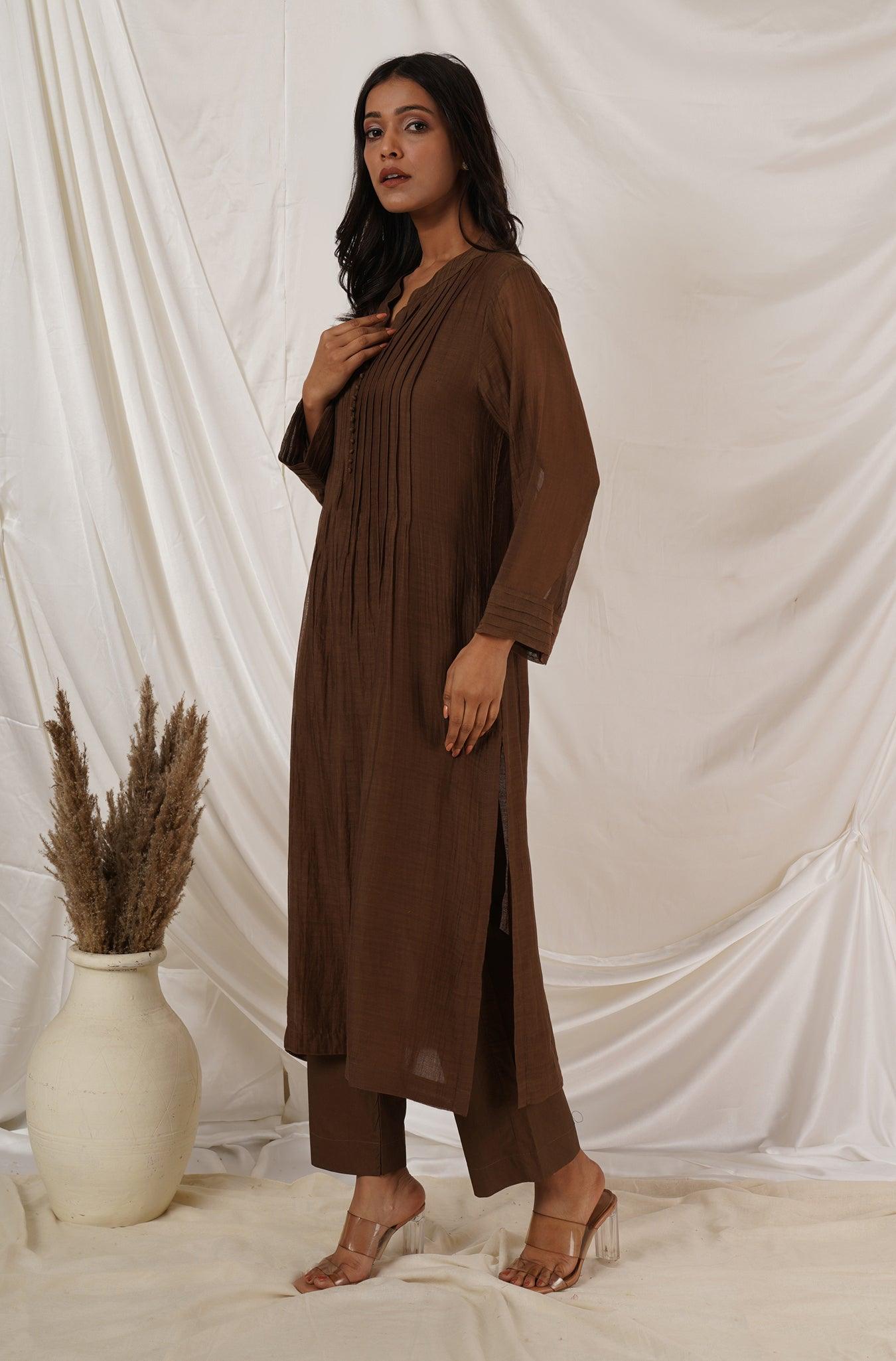 Brown Pintuck Tunic Co-ord Set Of 2