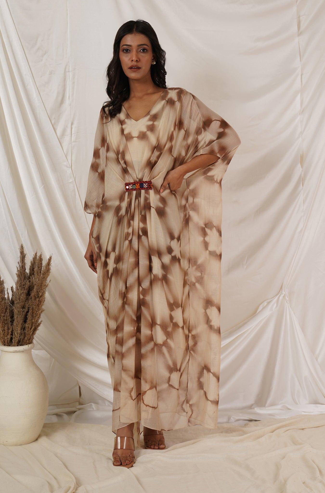 Brown Off White Clamp Tie Dye Dress