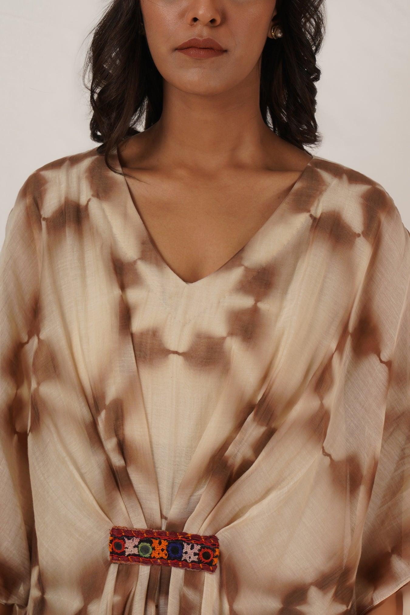 Brown Off White Clamp Tie Dye Dress