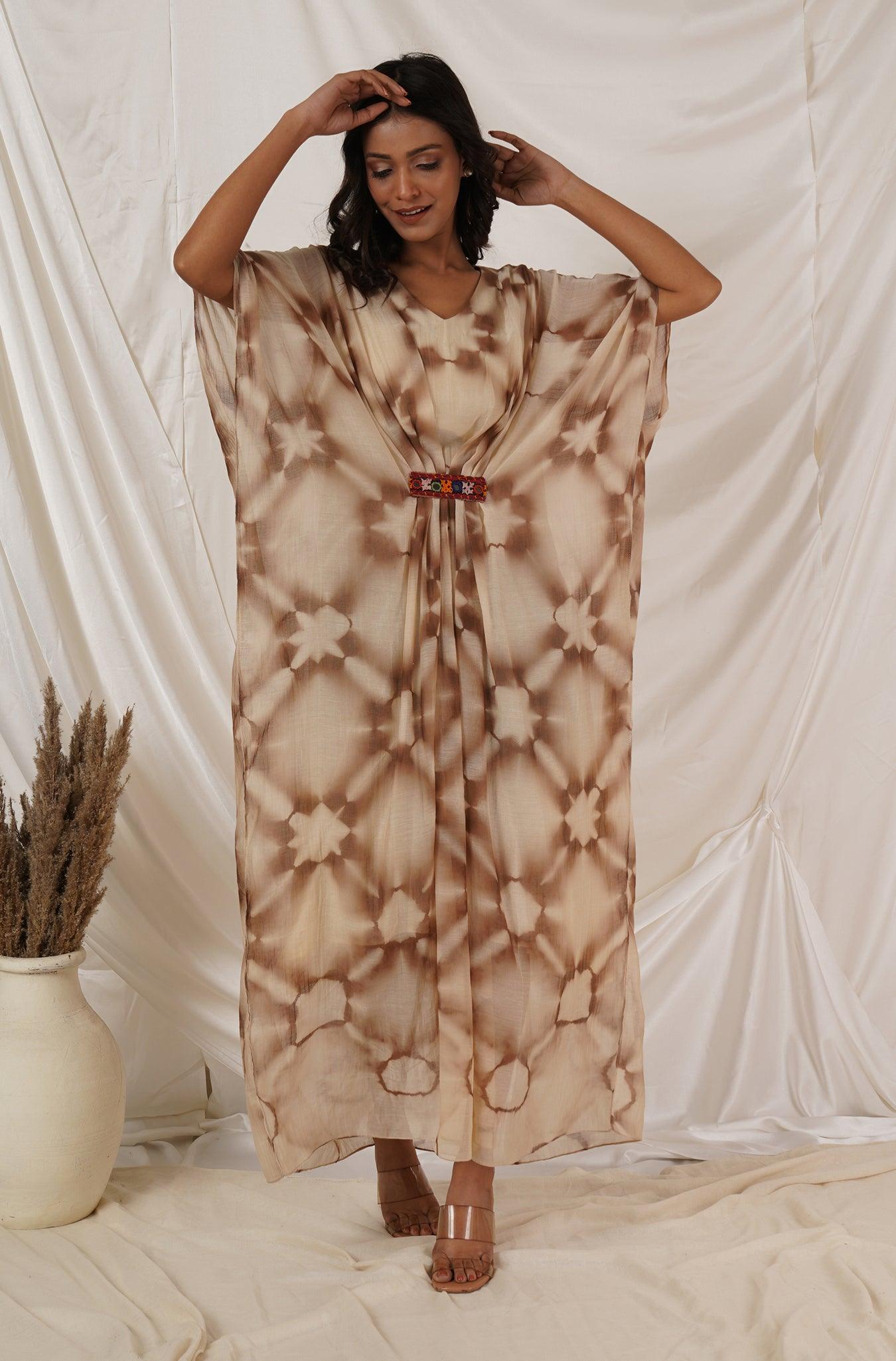Brown Off White Clamp Tie Dye Dress