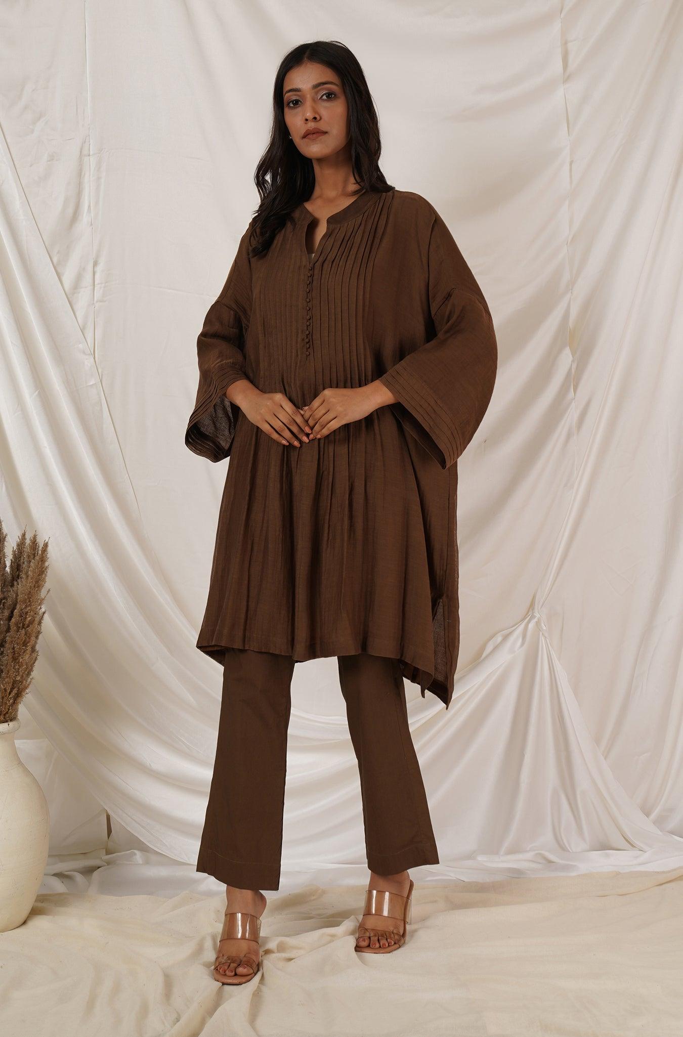 Brown Pintuck Tunic Coord Set