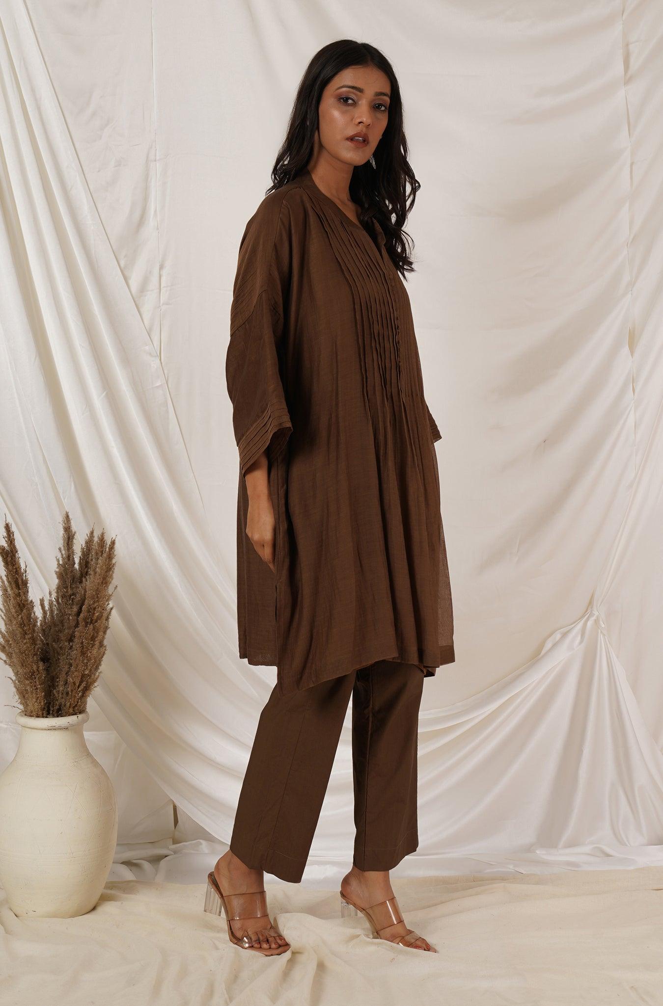Brown Pintuck Tunic Coord Set