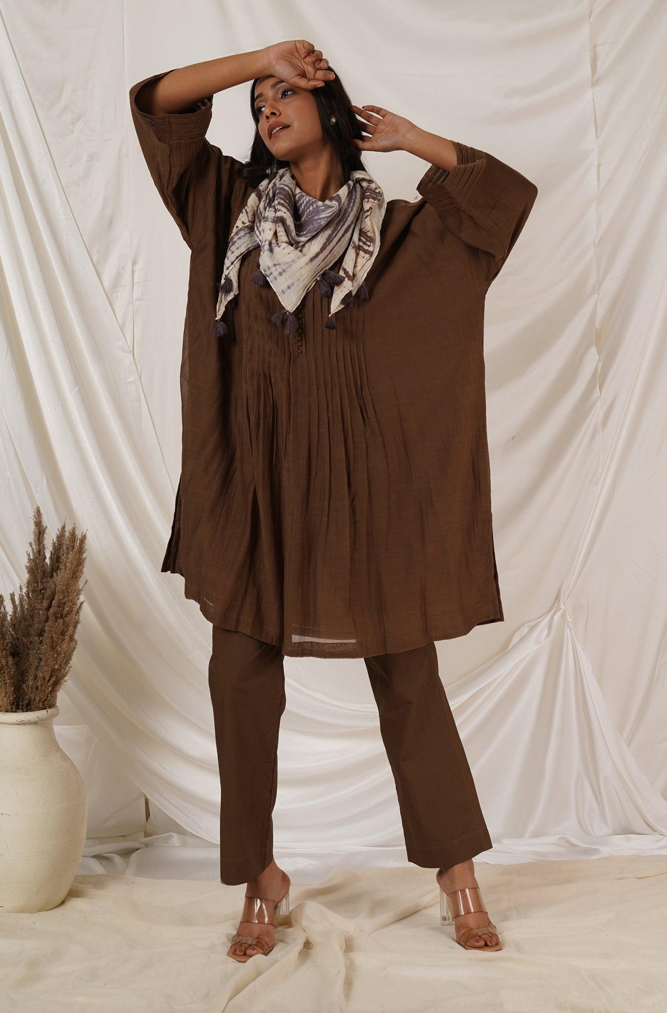 Brown Pintuck Tunic Coord Set