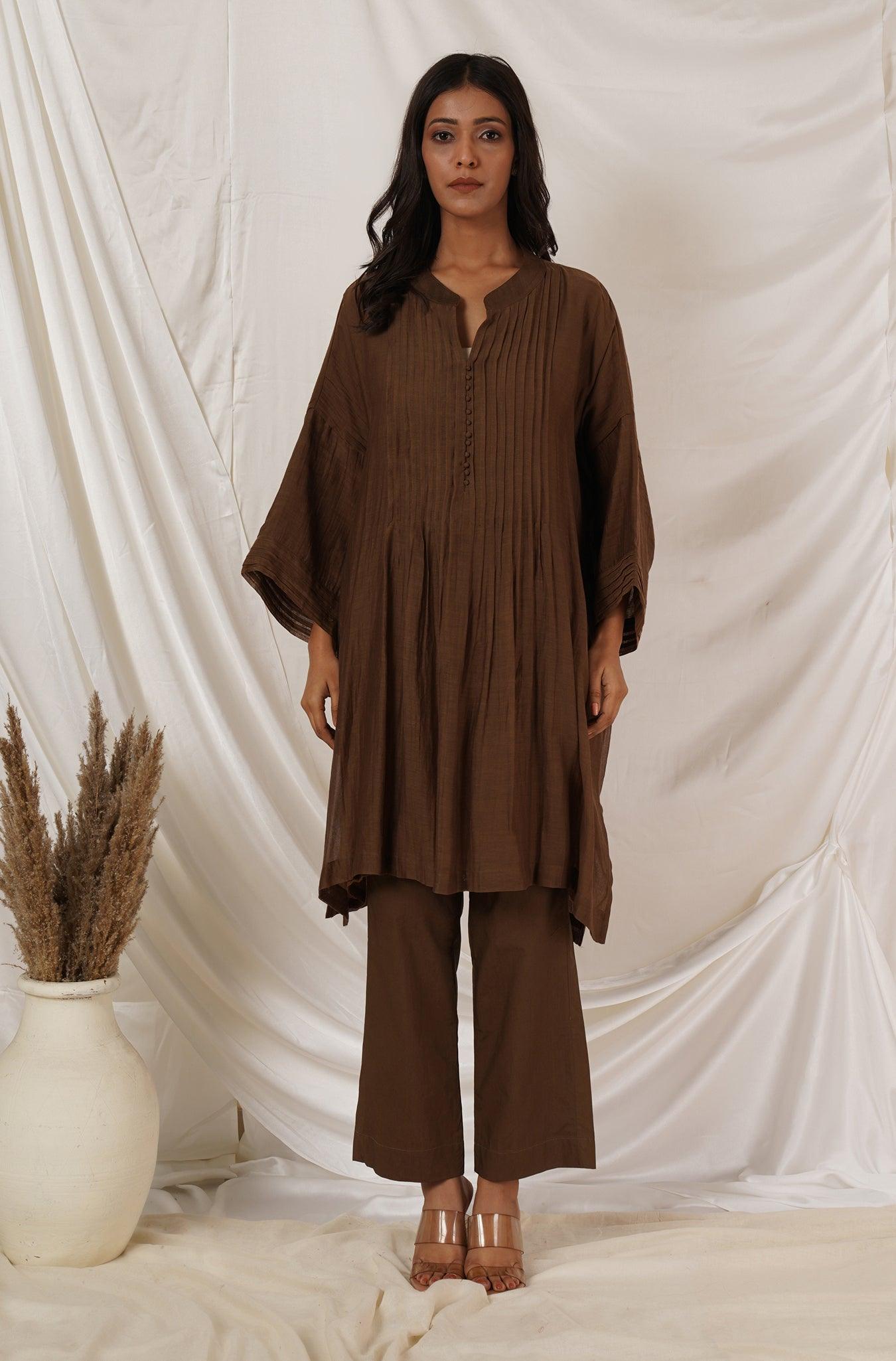 Brown Pintuck Tunic Coord Set