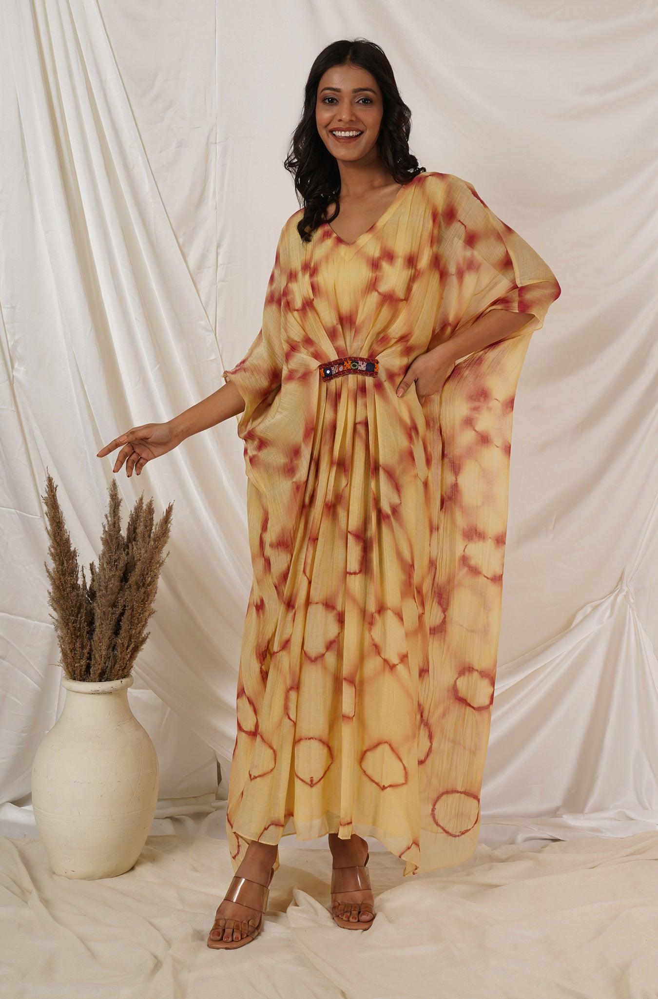 Beige Maroon Clamp Tie Dye Kaftan Dress
