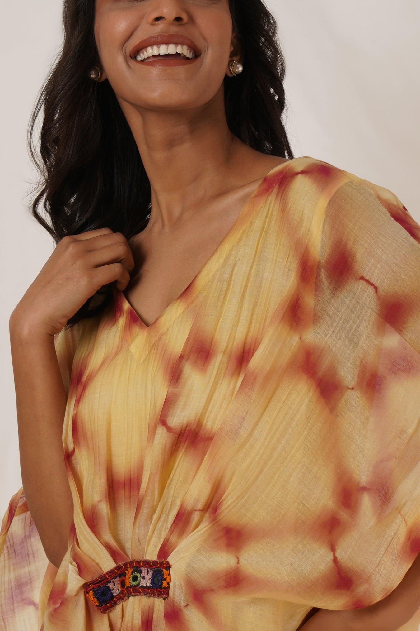 Beige Maroon Clamp Tie Dye Kaftan Dress