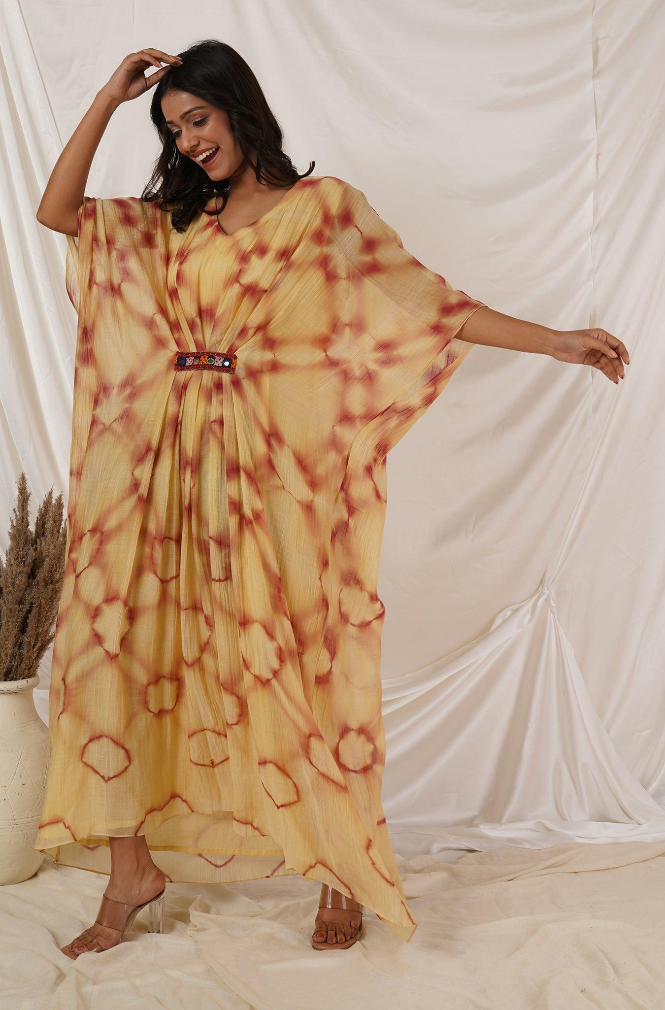 Beige Maroon Clamp Tie Dye Kaftan Dress
