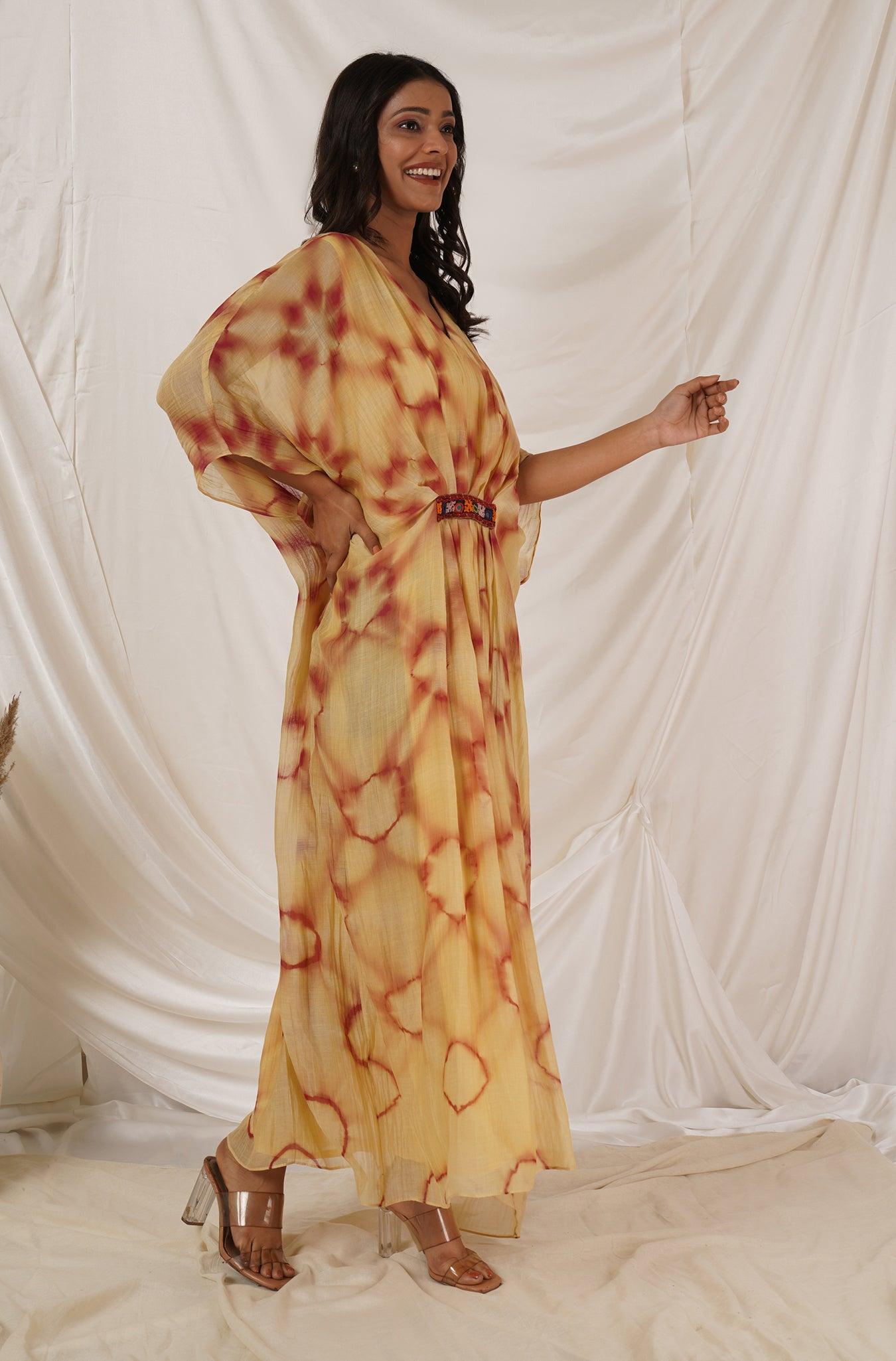 Beige Maroon Clamp Tie Dye Kaftan Dress