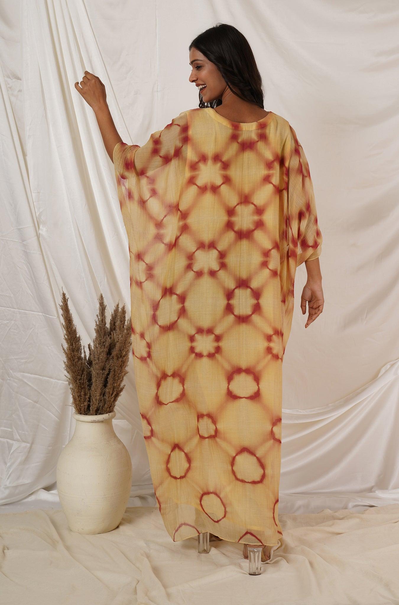 Beige Maroon Clamp Tie Dye Kaftan Dress
