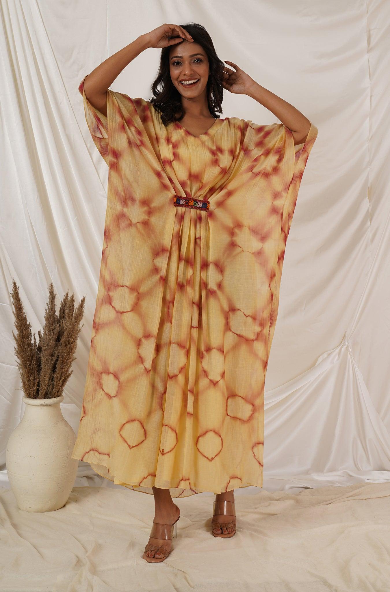 Beige Maroon Clamp Tie Dye Kaftan Dress