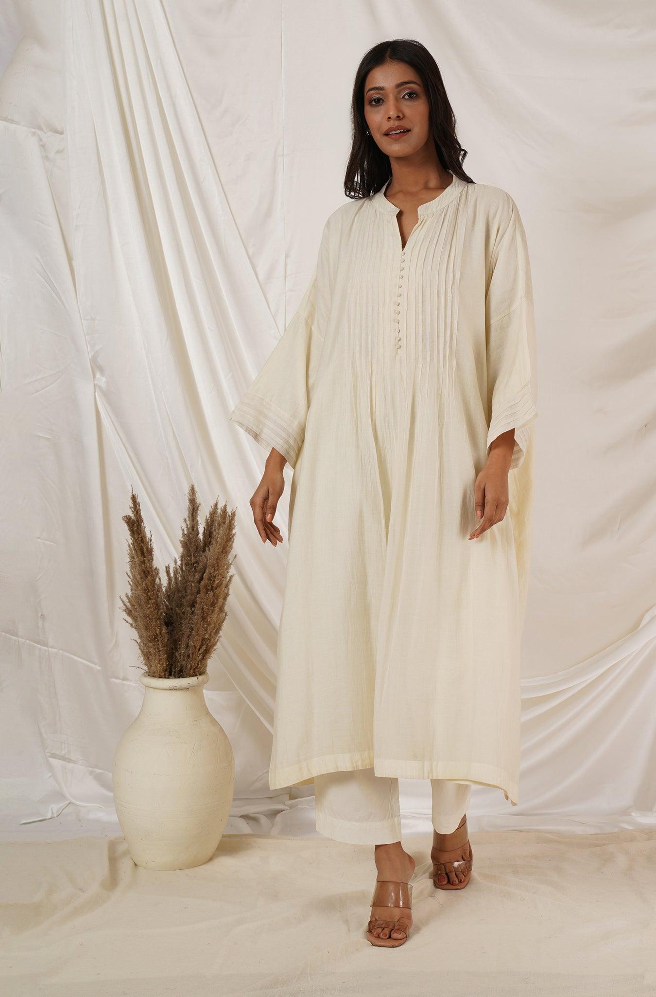 Off White Pintuck Kaftan Coord Set