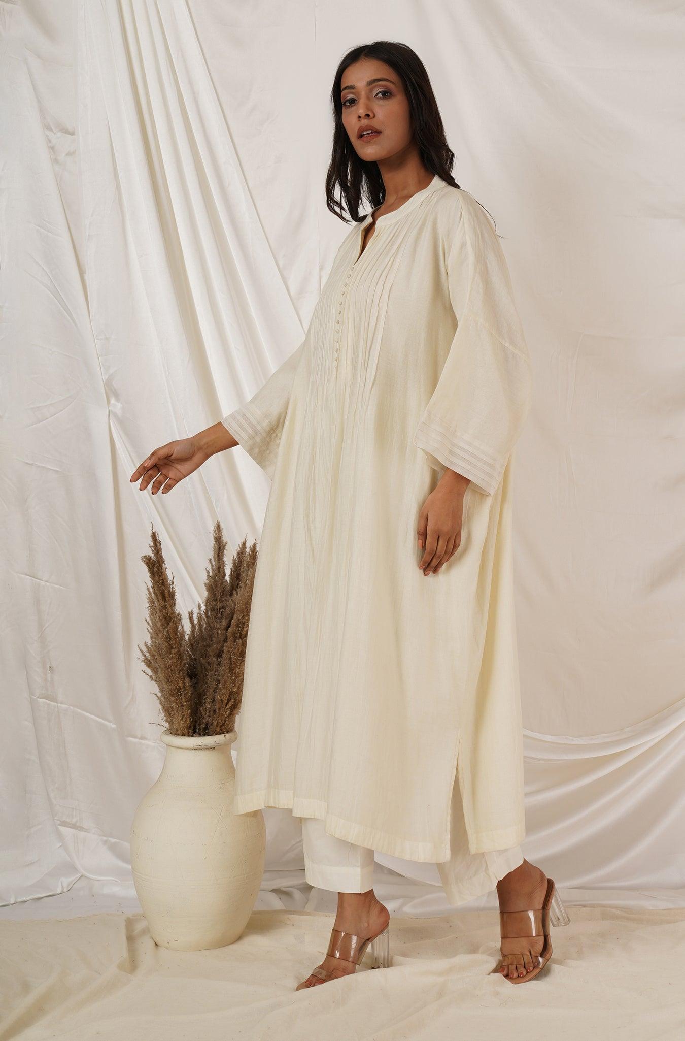 Off White Pintuck Kaftan Coord Set