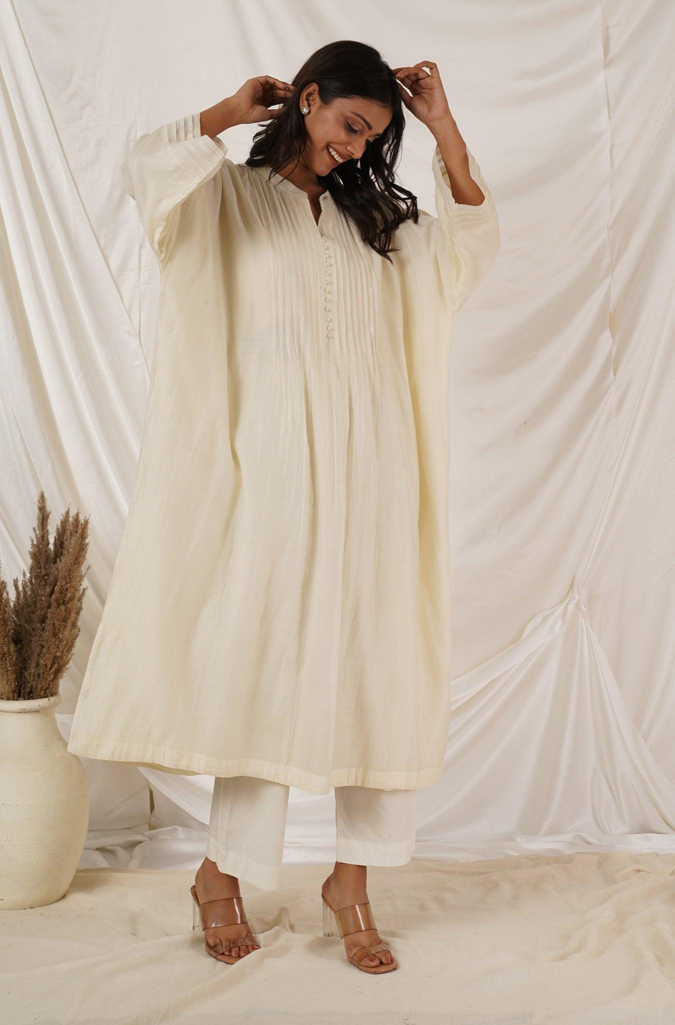 Off White Pintuck Kaftan Coord Set