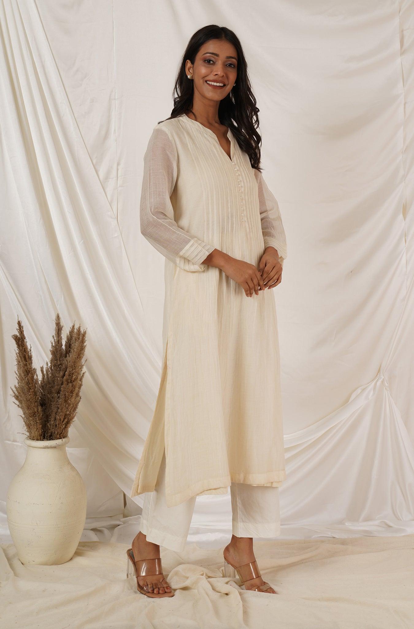 Off White Pintuck Kurta Coord Set