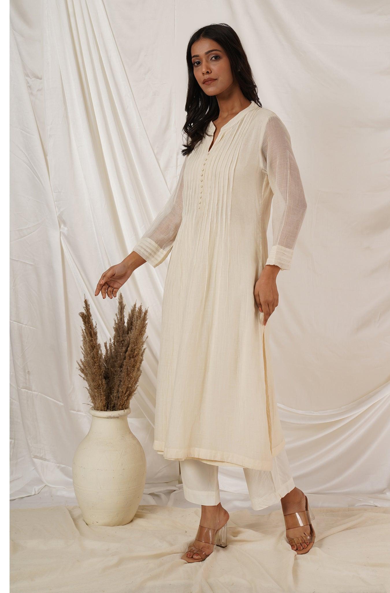 Off White Pintuck Kurta Coord Set