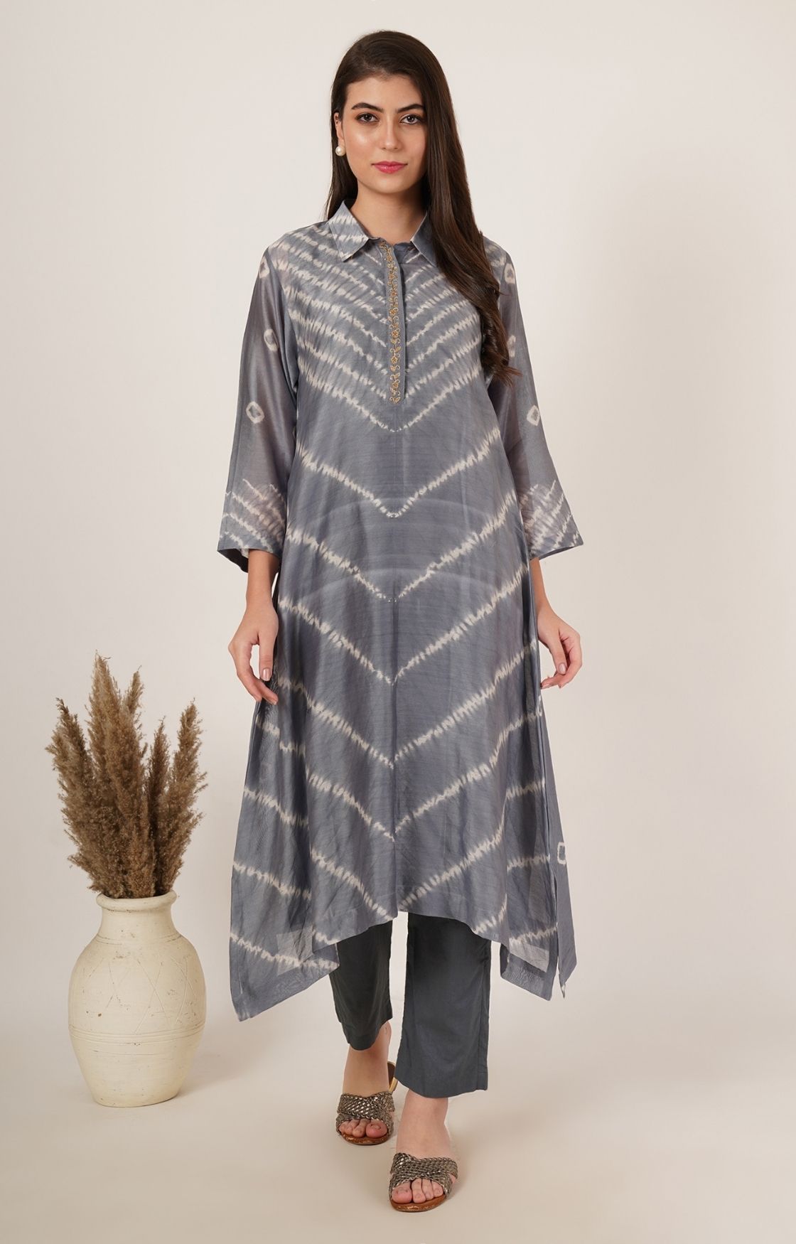 Grey Shibori Bandhani Kurta Set of 2