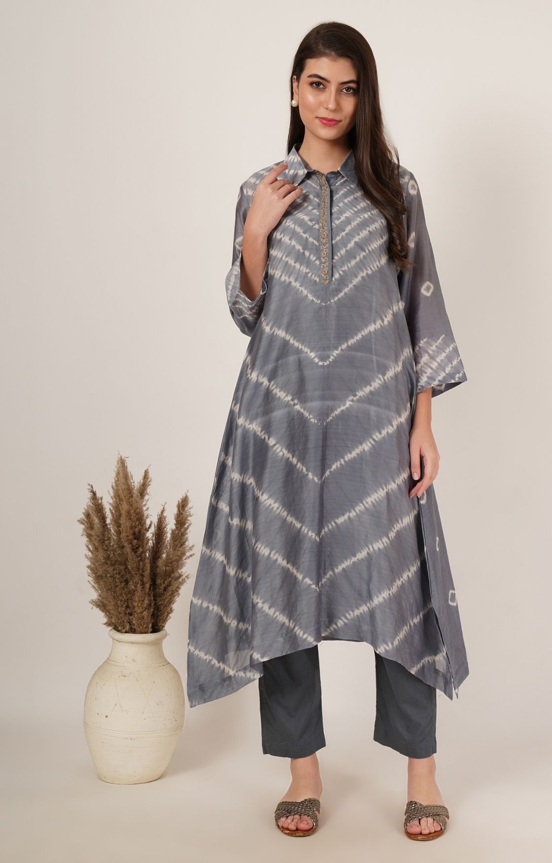 Grey Shibori Bandhani Kurta Set of 2