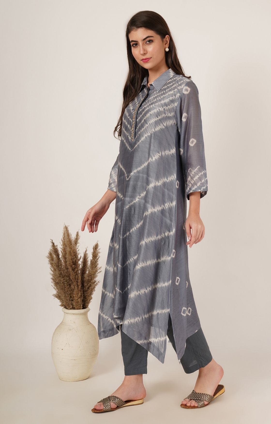 Grey Shibori Bandhani Kurta Set of 2