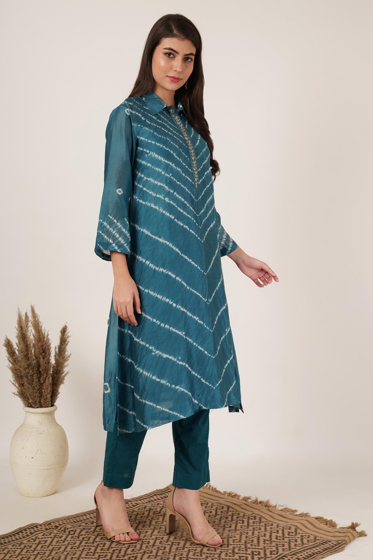 Teal Green Shibori Bandhani Kurta Set of 2