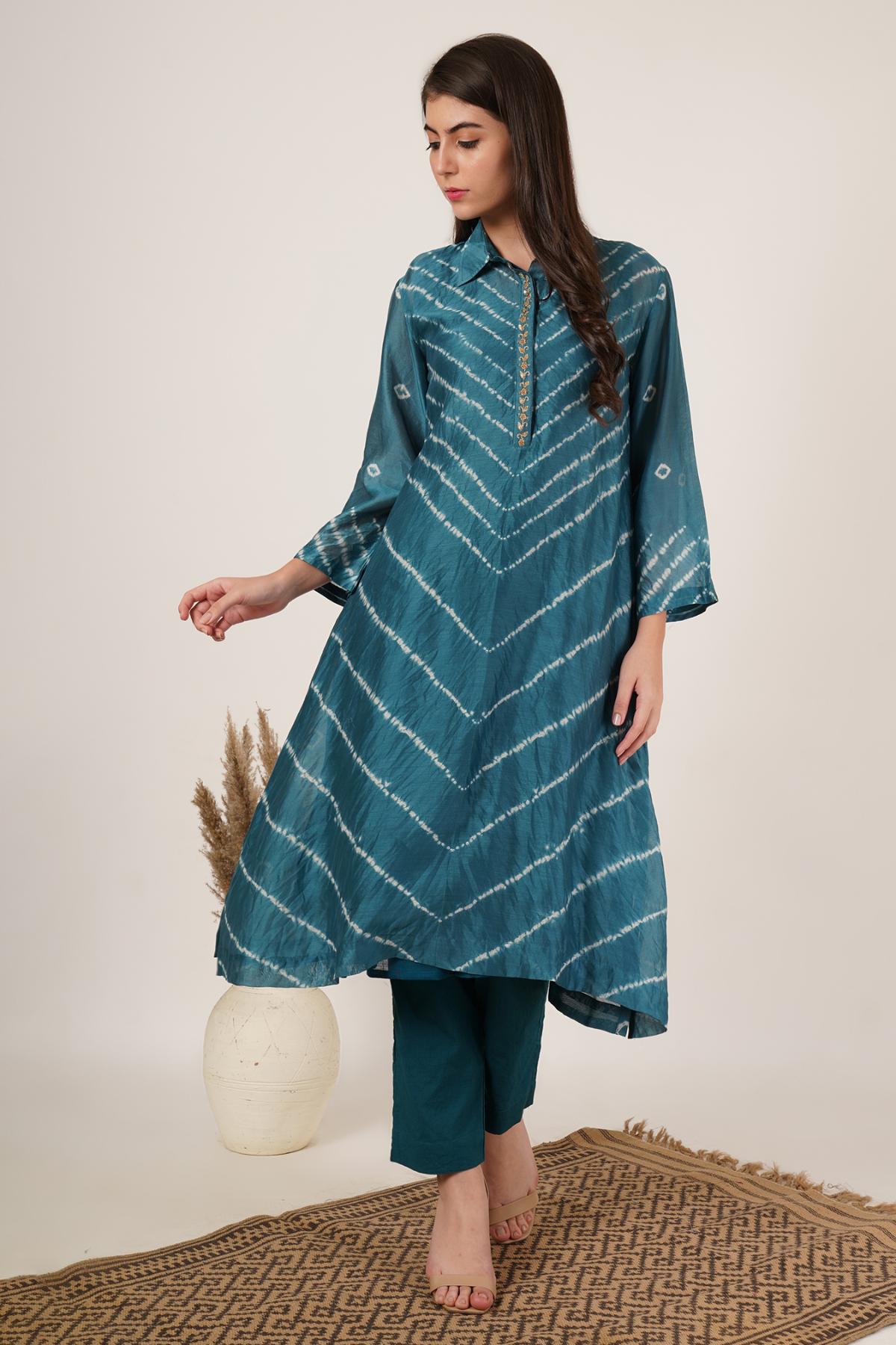 Teal Green Shibori Bandhani Kurta Set of 2